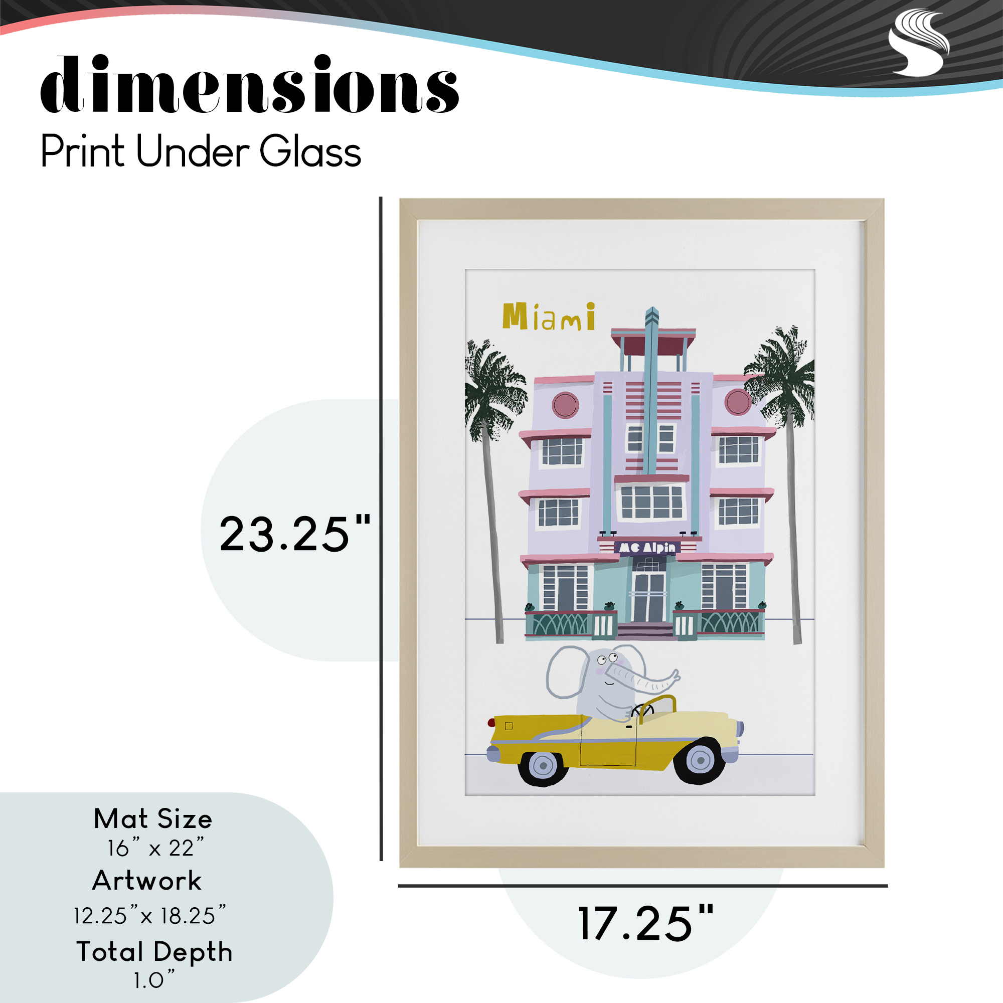 Elephant & Miami Hotel Birch Framed Print Under Glass, design by Carla Daly
