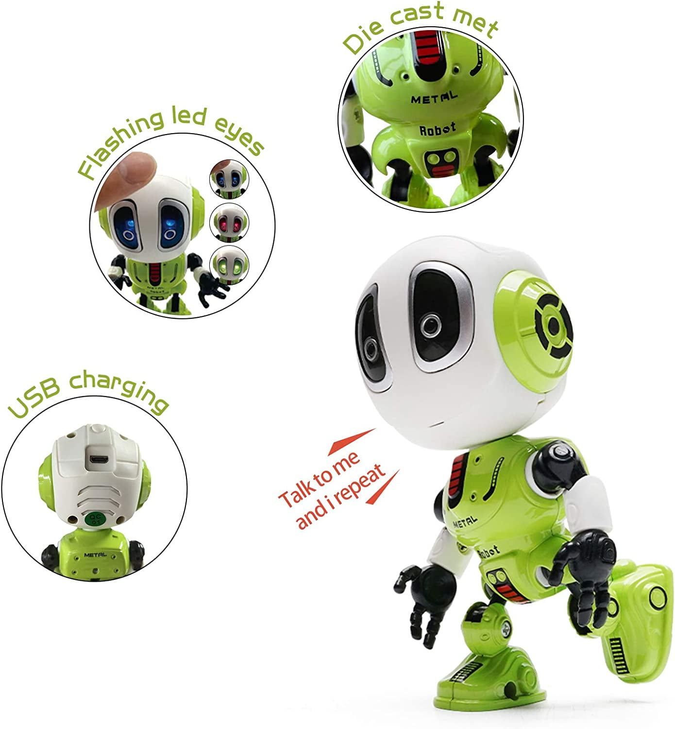 Betheaces Robots for Kids Rechargeable Talking Robot Interactive Toy  Repeats Your Voice Travel Toys with Portable Metal Body and Flashing Lights  Robot