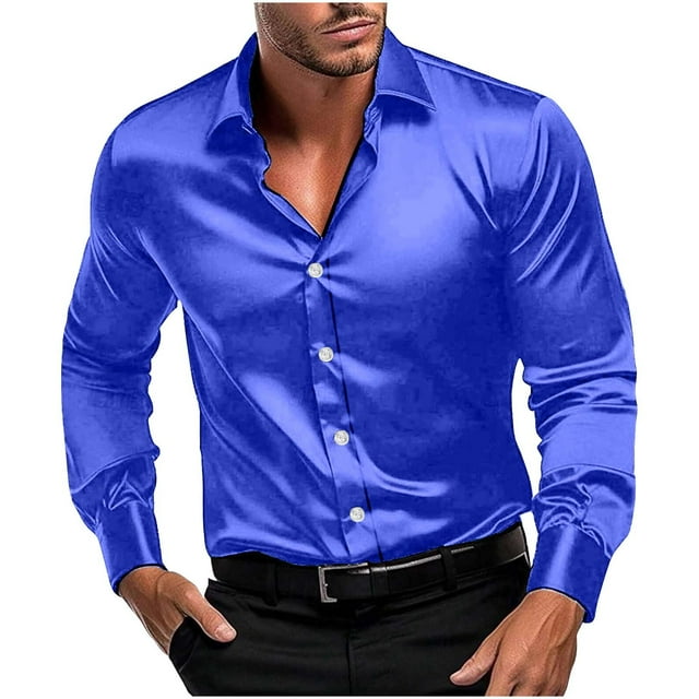 Mens Silk Satin Dress Shirts Shiny Long Sleeve Button Down Shirt for Party Prom Wedding