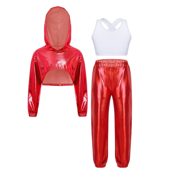 Doomiva Kids Girls Jazz Hip Hop Dance Outfits Metallic Long Sleeve Hoodie Sport Bra Vest And Sweatpants Set Dancewear Red 12