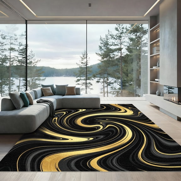 ODIKA 4'x6' Machine Washable Non-Slip Area Rug, Abstract Black High Traffic Rug, Black, 1153600