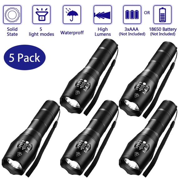 Pack of 5 Tactical Flashlights, 800 Lumen Ultra Bright XML-T6 LED Flashlight with 5 Modes, Zoomable, Waterproof, Handheld Small Flashlight for Outdoor Camping, Fishing and Hunting (Black)