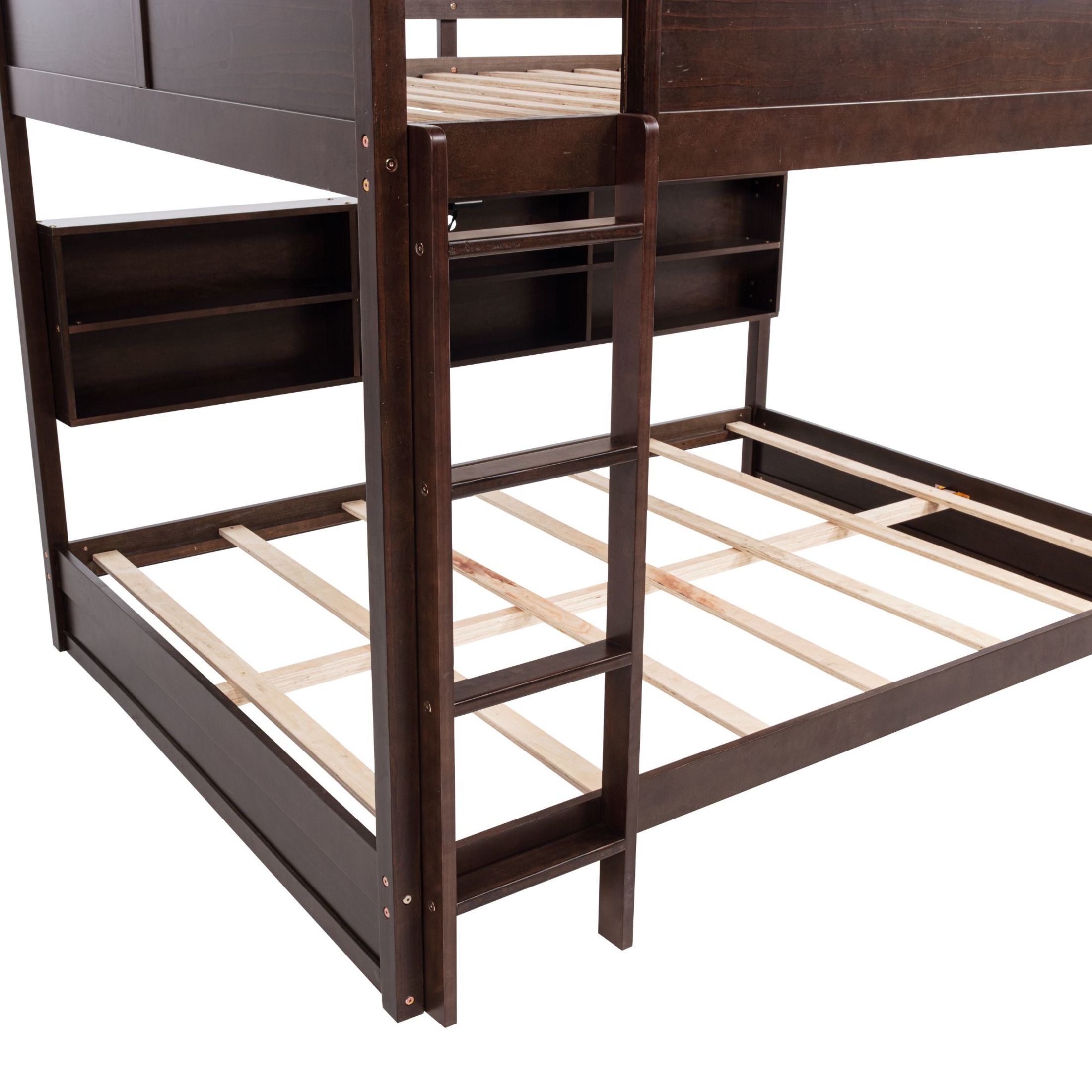 Noble House Queen Over Queen Bunk Bed, Solid Pine Wood Frame with Storage Cabinets and Charging Station, Brown