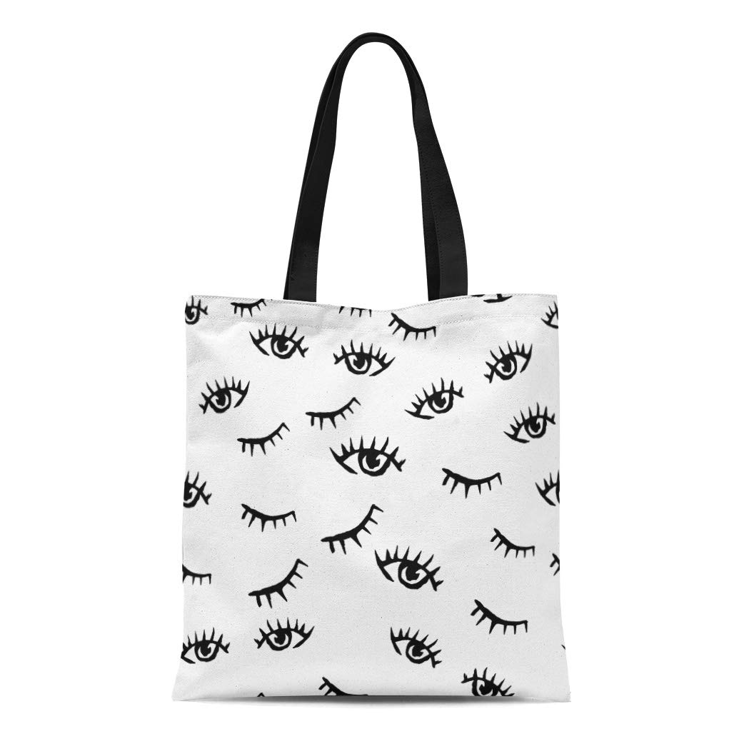 KDAGR Canvas Tote Bag Quirky Pattern Drawn Ink of Open and Closed Eyes
