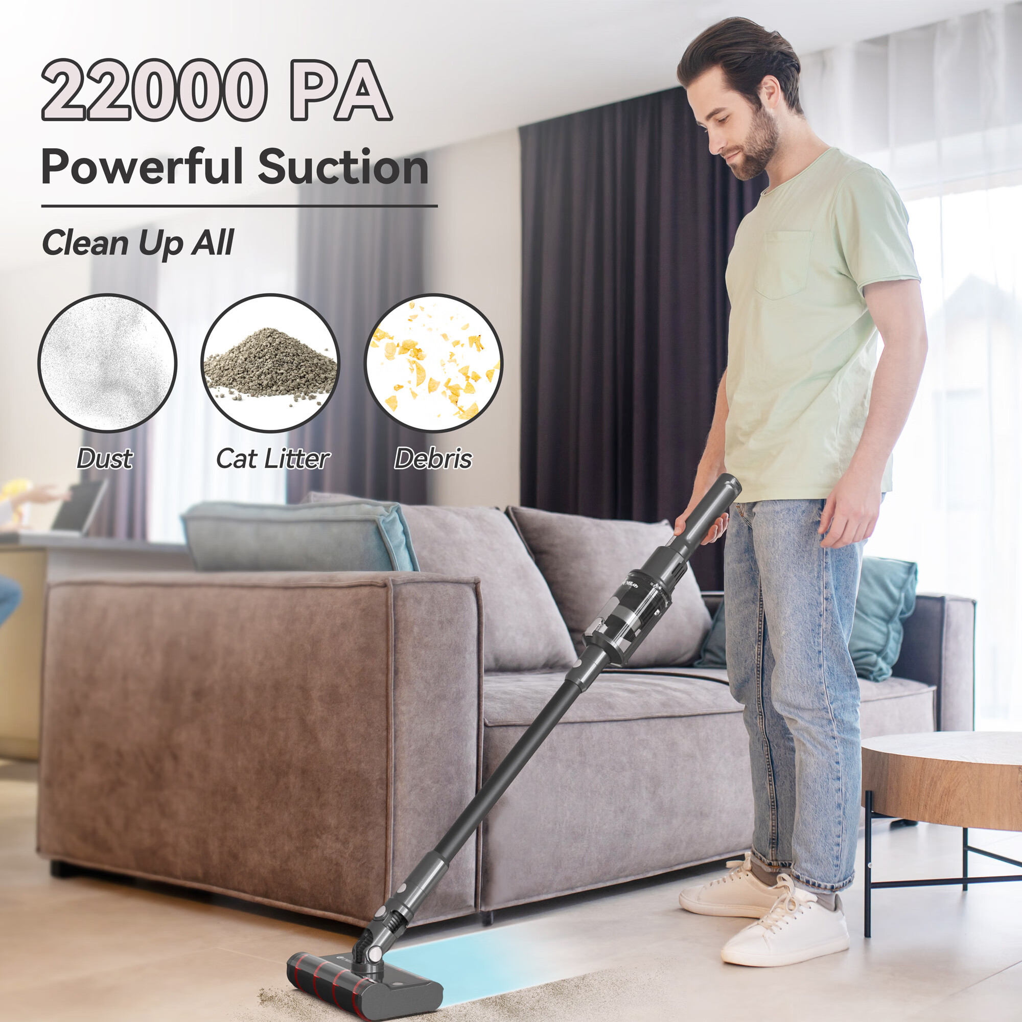 UMLo Stick Vacuum Cleaner, 22KPa Strong Suction, Directional Soft Roller Cleaner Head, 40-Min Runtime for Vacuuming