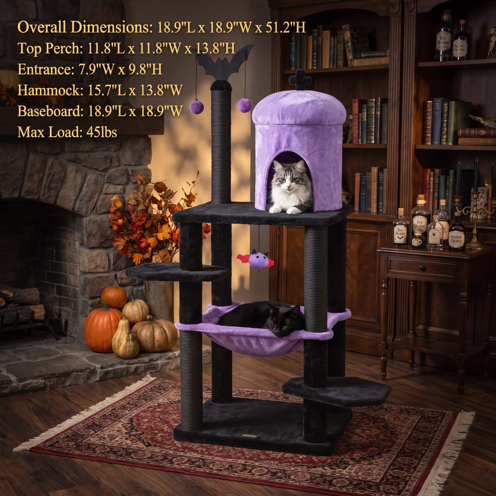 Vebreda Gothic Cat Tree for Indoor Cats, 51 in Multi-Level Cat Tower with Condo, Hammock, 2 Perches, Scratching Posts and Spider Toys, Purple