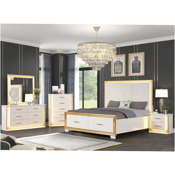JERFIT 5-Piece Queen Bedroom Set with LED Lights, Modern White & Gold Bed Frame, Dresser, Mirror, Nightstand, Chest