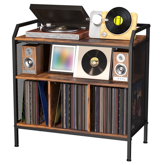 HOHYN 3-Tier Record Player Stand with Fixed Dividers, Holds 300  Vinyl Albums, Industrial Vintage Turntable Table with Storage Cabinet for Record Player and Speakers