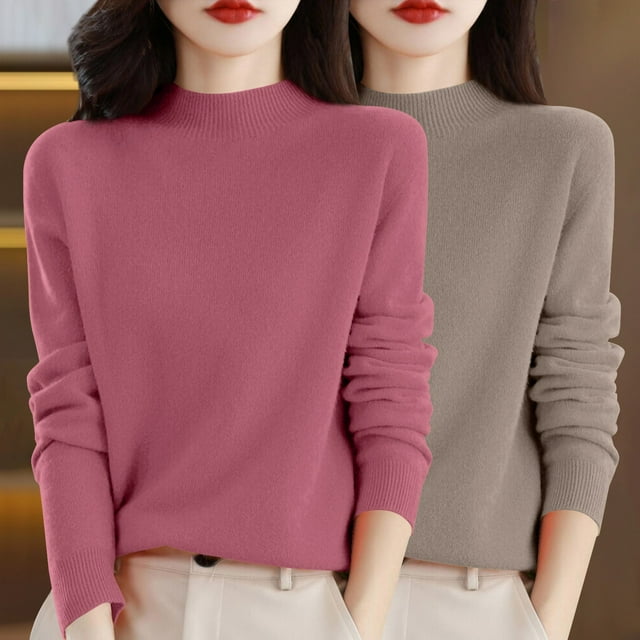 Chandail à Col Rond pour Femmes, Automne et Hiver, 2 Pcs, Couleur Unie, Doux et Confortable