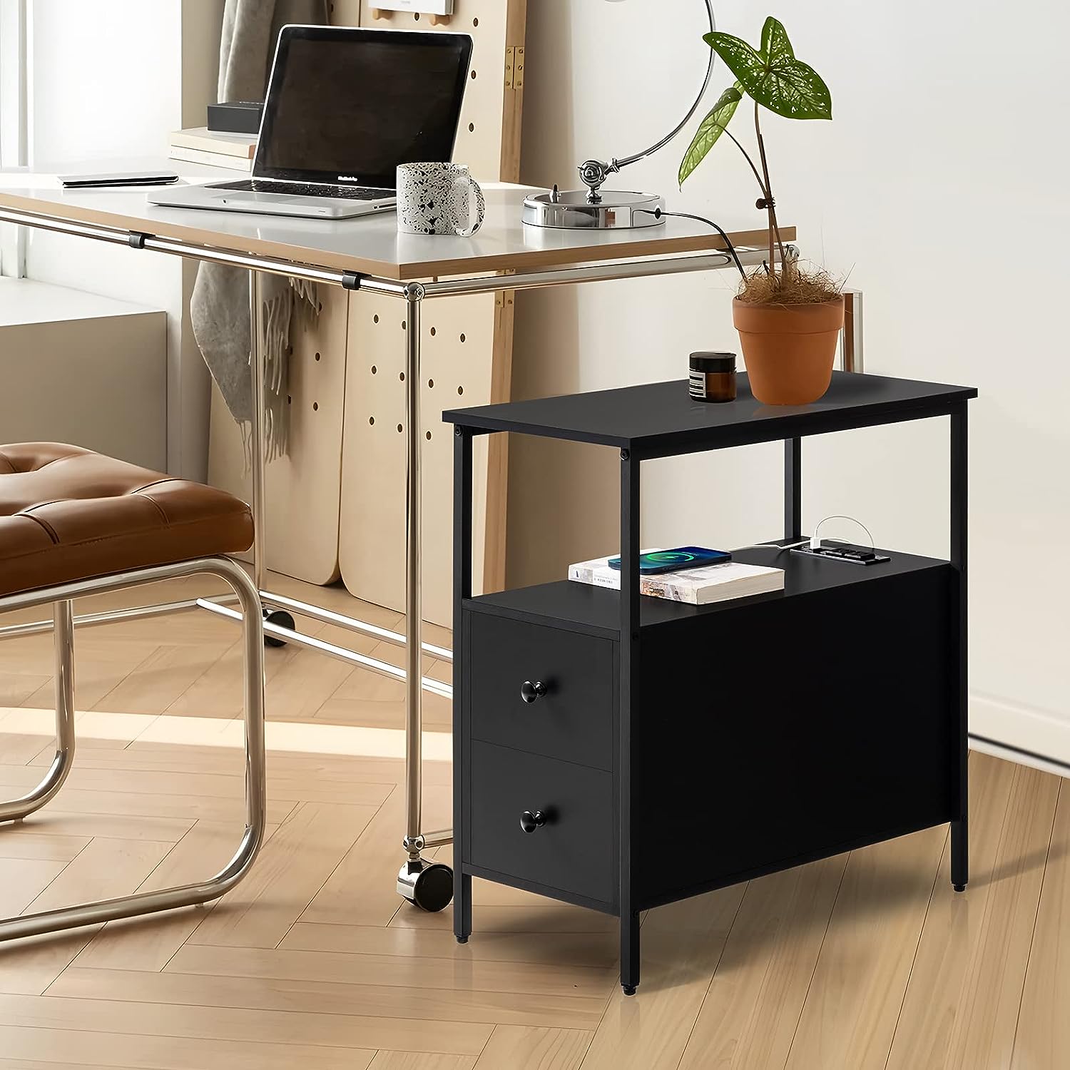 LINSHUI End Table with Charging Station,Narrow Sofa Side Table with 2