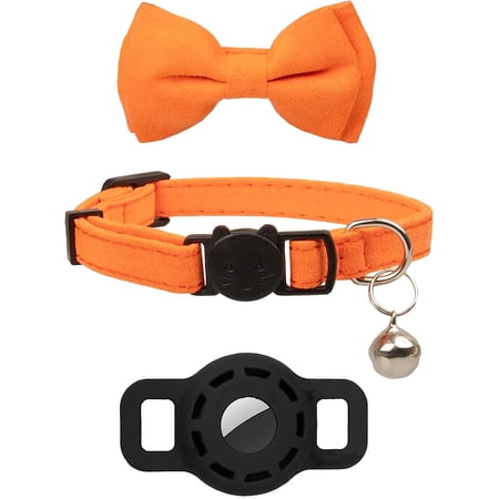 AirTag Cat Collar Bow with Bell Holder Case Kitten Basic Wedding Silicone Safety Breakaway [case & Bow] Orange