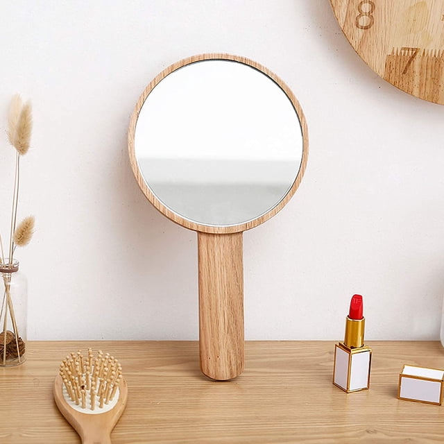 Espejo de mano con asa, espejo de mano HD con marco de madera, salón de peluquería, espejo liso estilo retro, espejo de mano de maquillaje de salón cosmético para peluqueros profesionales Ormromra WRMH-931-2