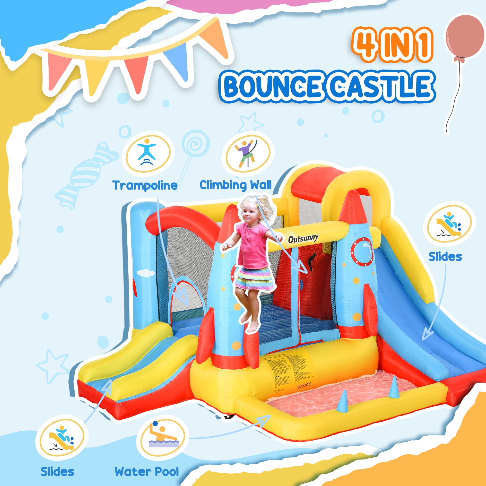 Kids 4-in-1 Inflatable Water Slide Bounce House with 2 Slides, Climbing Wall, Trampoline & Splash Pool, Air Blower Included