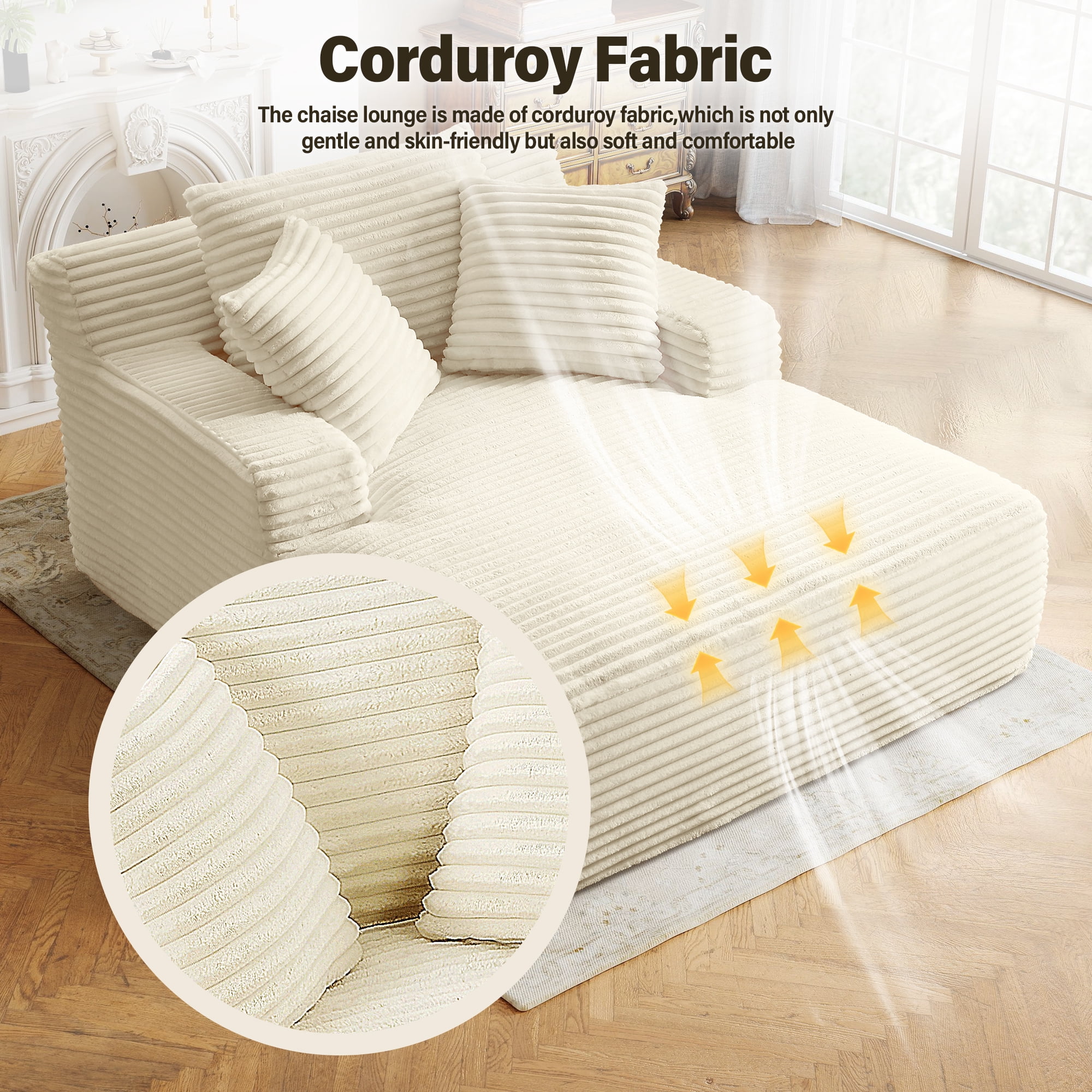 Aukfa Corduroy Chaise Lounge Chair, Oversized Indoor Lounger Floor Sofa Bed for Living Room, Bedroom, Small Space,White
