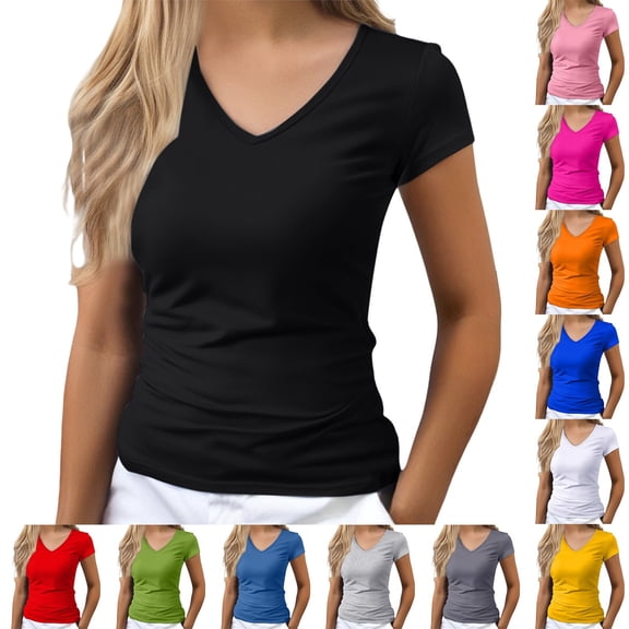 WHEANG Womens T Shirts Summer V Neck Short Sleeve Tops Classic Fitted Shoulder Slim Fit Basic T-Shirt for Women Soft Stretchy Casual Versatile Minimalist Womens Summer Tops Yellow Size L