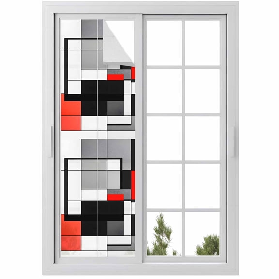 Black Red Geometric Window Privacy Film, Red White Abstract Art Modern Static Cling UV Sun Blocking Heat Control Window Tint Day and Night, Non-Adhesive One Way Windows Privacy Cover 17.7''x78.7''