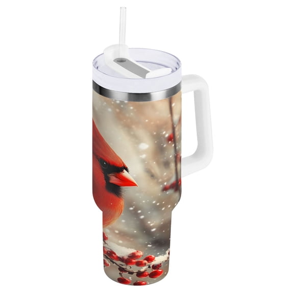Ryvnso 40 oz Tumbler with Handle and Straw Insulated Stainless Steel Travel Mug with Lid Cardinal on Berry Tree