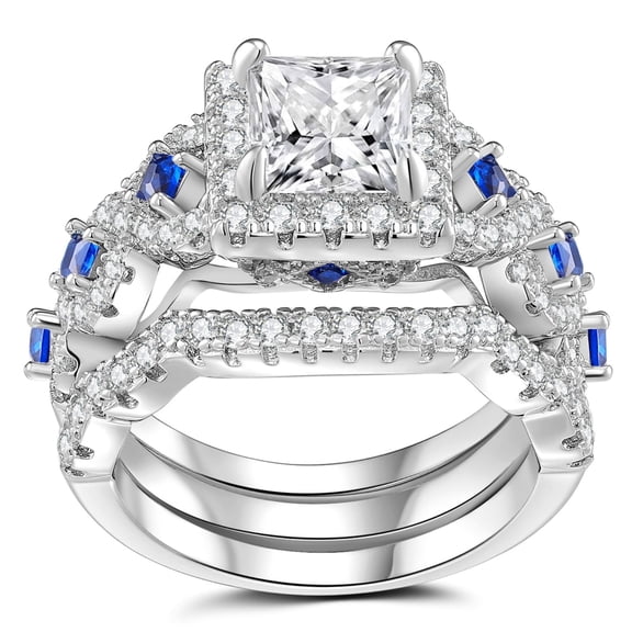 SFTING Wedding Rings Set for Women Princess Cut Engagement Rings Wedding Set Silver 18K Plated 5A CZ Sapphire Promise Size 7
