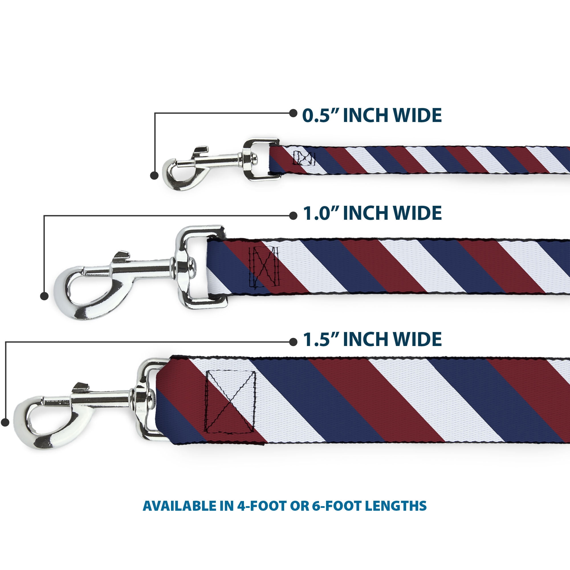 Buckle-Down Pet Leash, Dog Leash, Diagonal Stripe Red White Navy, 6 Feet Long 1.0 Inch Wide