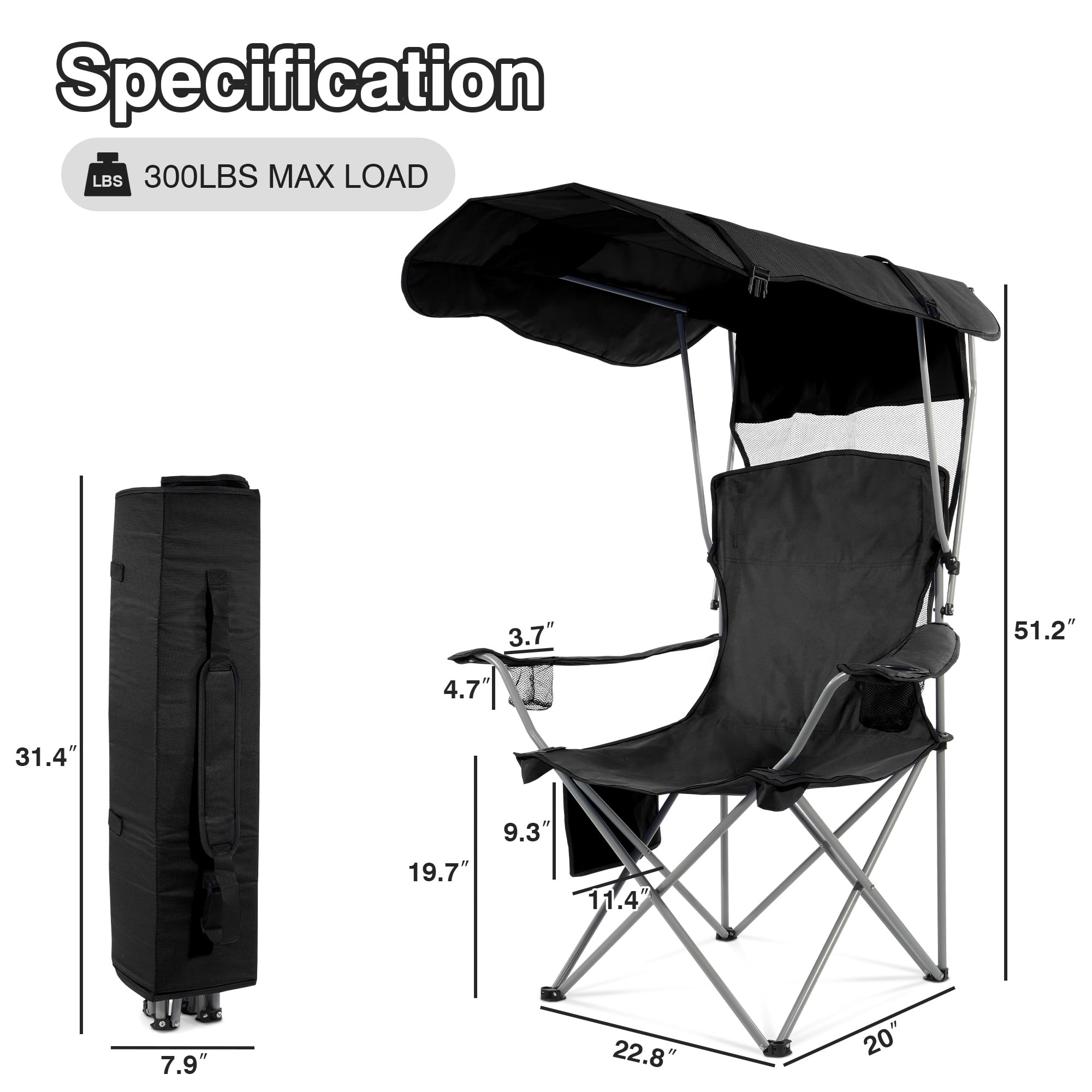 FlexWave Folding Camp Chair，Portable Outdoor Chair，with Shade & Cup Holder，for Camping, Beach, Fishing, and Sports Events