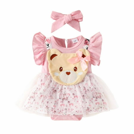 

Toddler Summer Outfits 0-18M Toddler Baby Girls Little Flying Sleeves Cute Bear Embroidered Head Figure False Strap Mesh Sweetheart Dress+Hairband Romper Jumpsuit For Baby Girls