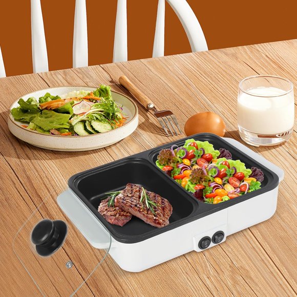 Hot Pot with Grill, Electric Hot Pot and Frying Pan, Shabu Shabu Pot with Grill, 2 in 1 Indoor NonStick Shabu Shabu Pot and Griddle, Dual Temperature Control, Fast Heating for BBQ Steak Noodles
