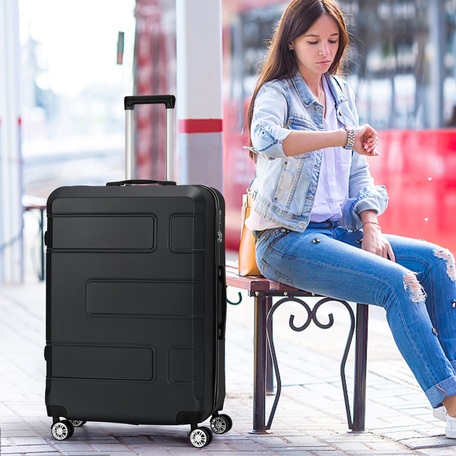 Hikolayae TSA Lock 3 Piece Luggage Sets Hardside Spinner in Charcoal