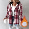 thumbnail image 2 of Women's Plaid Shacket Lightweight Fleece Lined Hooded Jacket Long Sleeve Button Up Winter Coat with Pockets, 2 of 6