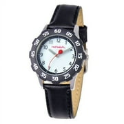 Boys' Stainless Steel Watch, Black Bezel, Black Leather Strap
