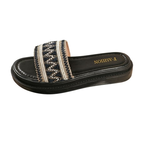 OJSFQUFP Sandals Womens Ladies Fashion Ethnic Style Woven Print Open Toe Flat Bottom Beach Sandals Soft Sole Outdoor Beach Shoes Womens Indoor Outdoor Slippers Dark Blue 38