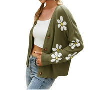 Women's Floral Print Knit Cardigan Sweater Long Sleeve V Neck Button Down Sweater Vintage Aesthetic 90s Outerwear Tops
