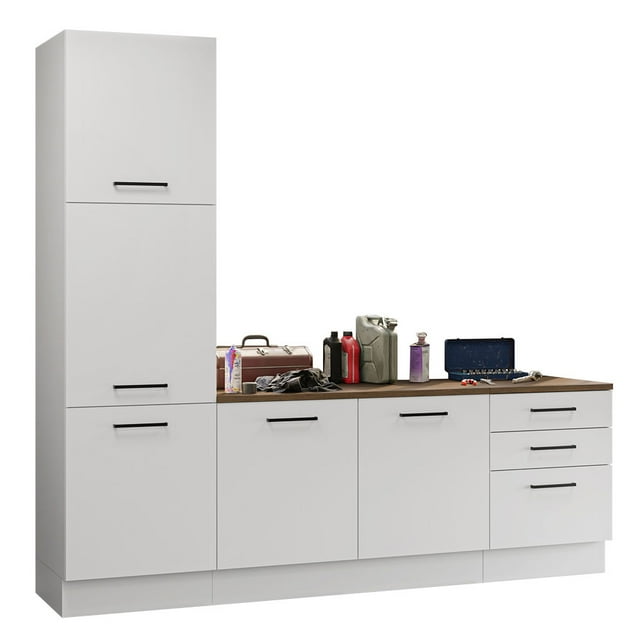 Madesa Ensemble d'Armoires de Rangement de Garage 94 Po L avec 5 Portes, Multiples Compartiments et 3 Tiroirs, Organisation Modulaire, Armoire de Base de Garde-Manger - Blanc