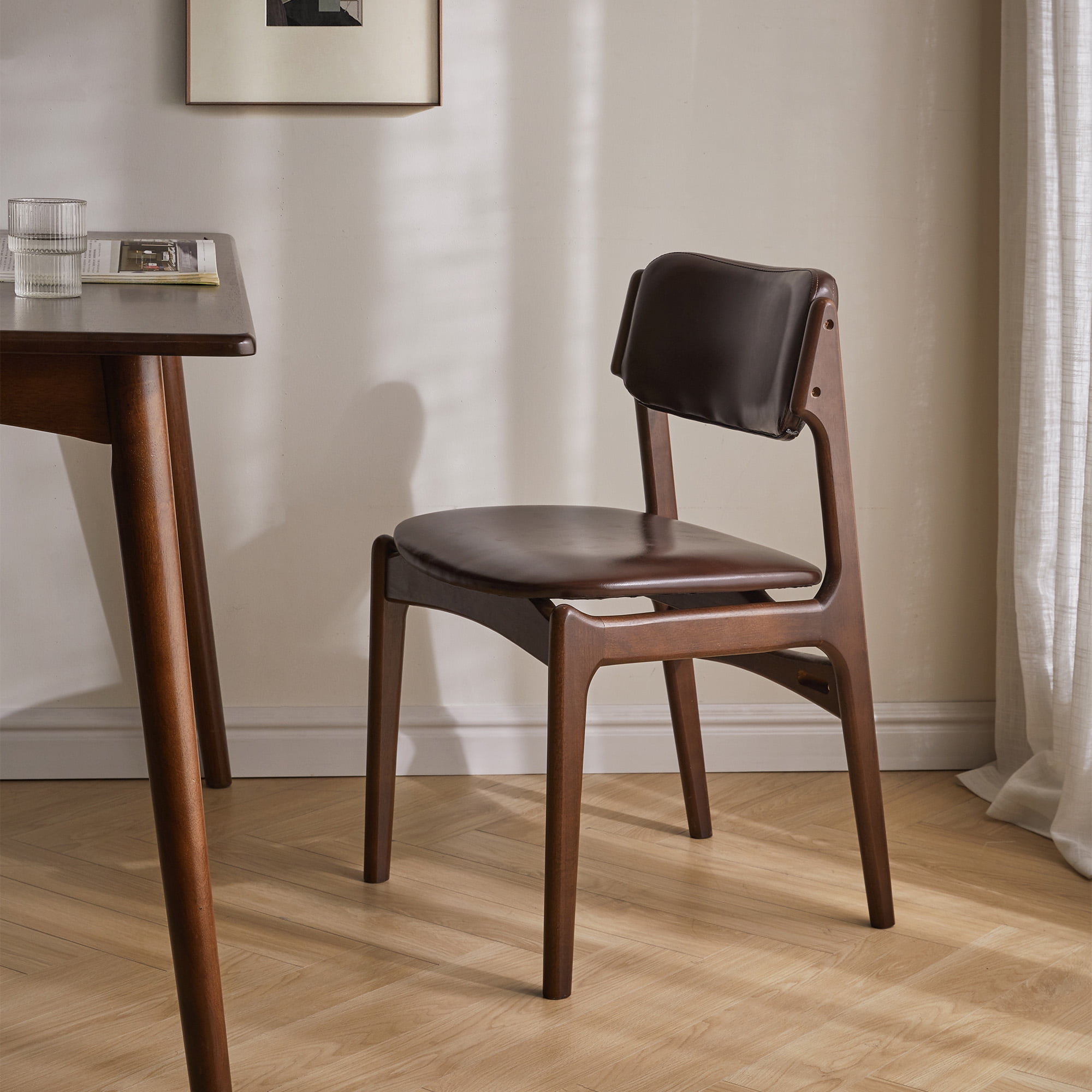 Dining Chair 17.72 Inch, Solid Wood Frame with Brown PU Leather Upholstered Seat for Dining Room Coffee Shop