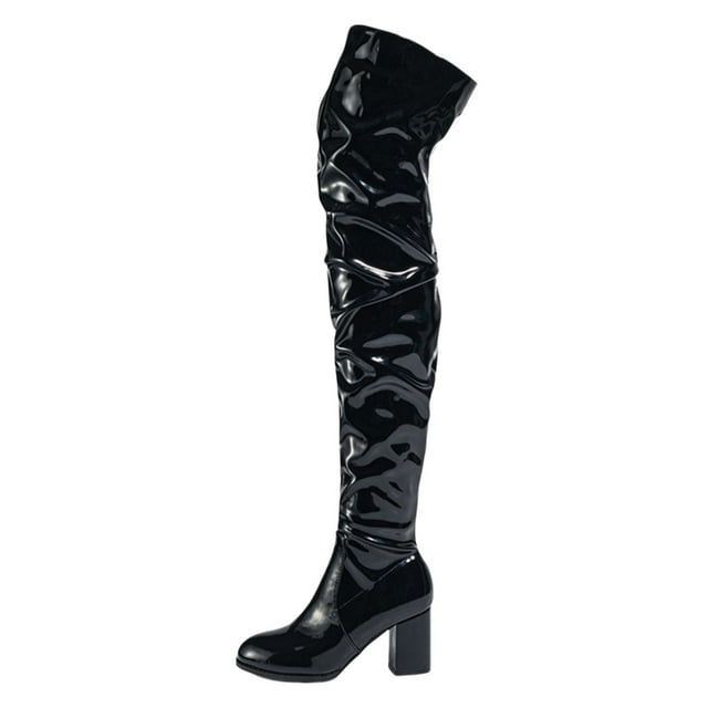 WEAIXIMIUNG Bottes en Caoutchouc pour Femmes Bout Rond Bottes en Cuir à la Mode pour Automne et Hiver Mode Polyvalente Longueur Genou