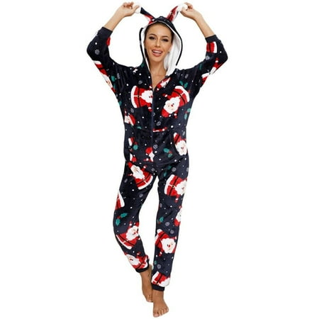 

Fantadool Winter Onesies Plush Christmas Pajamas Romper Jumpsuit Women Flannel Hooded Xmas Sleepwear Nightwear Zipper Outfits