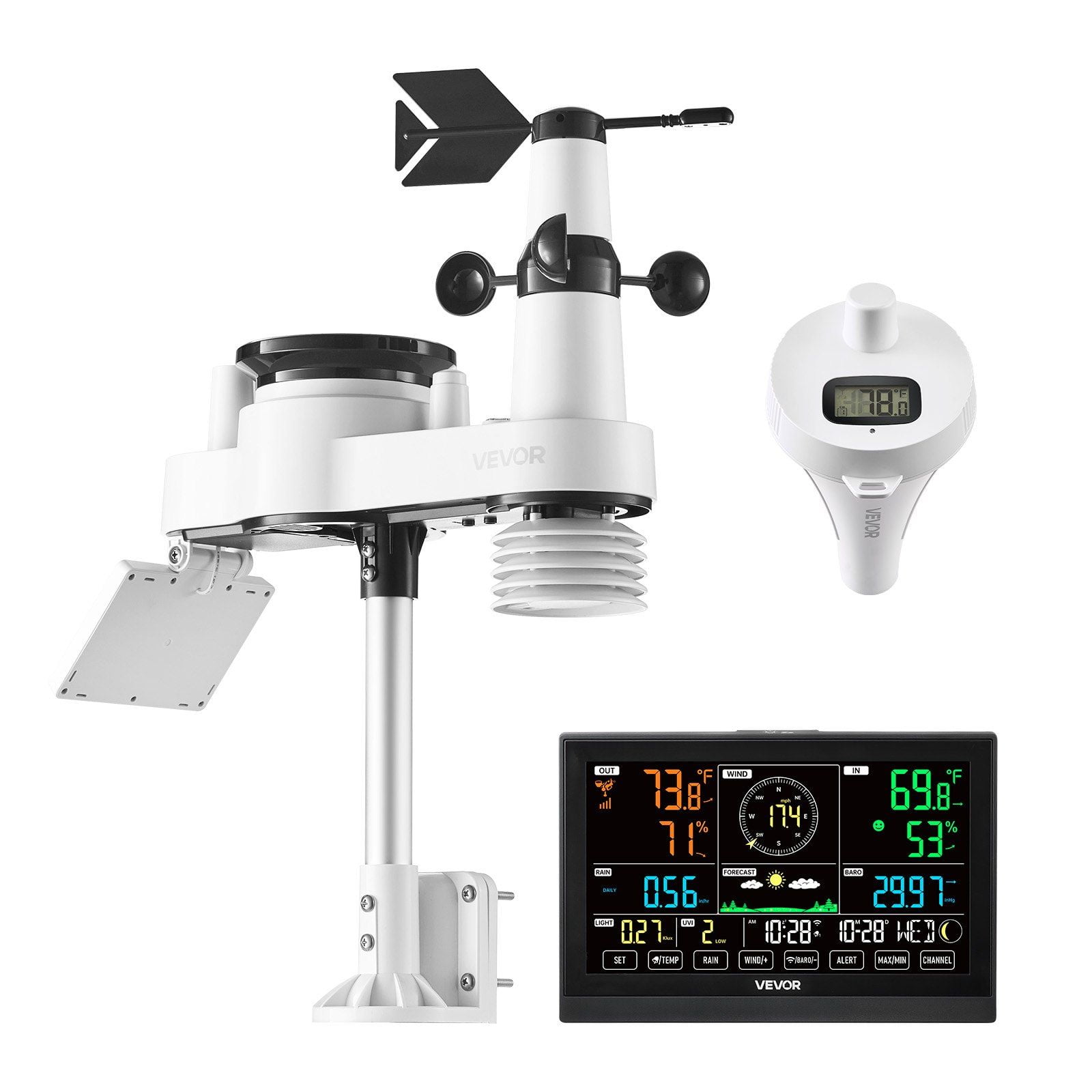 Solar 7-in-1 Wireless Weather Forecast Station, 7.5" Display, Pool Temp, Rain Gauge & Wind Speed