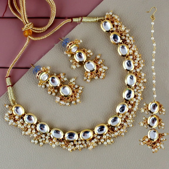 Lucky Jewellery Back Meenakari Stone Bollywood Style Handcrafted Indian Jewelry 18k Gold Plated White Color Tika Earring Combo Uncut Big Faux Kundan Choker Necklace Set