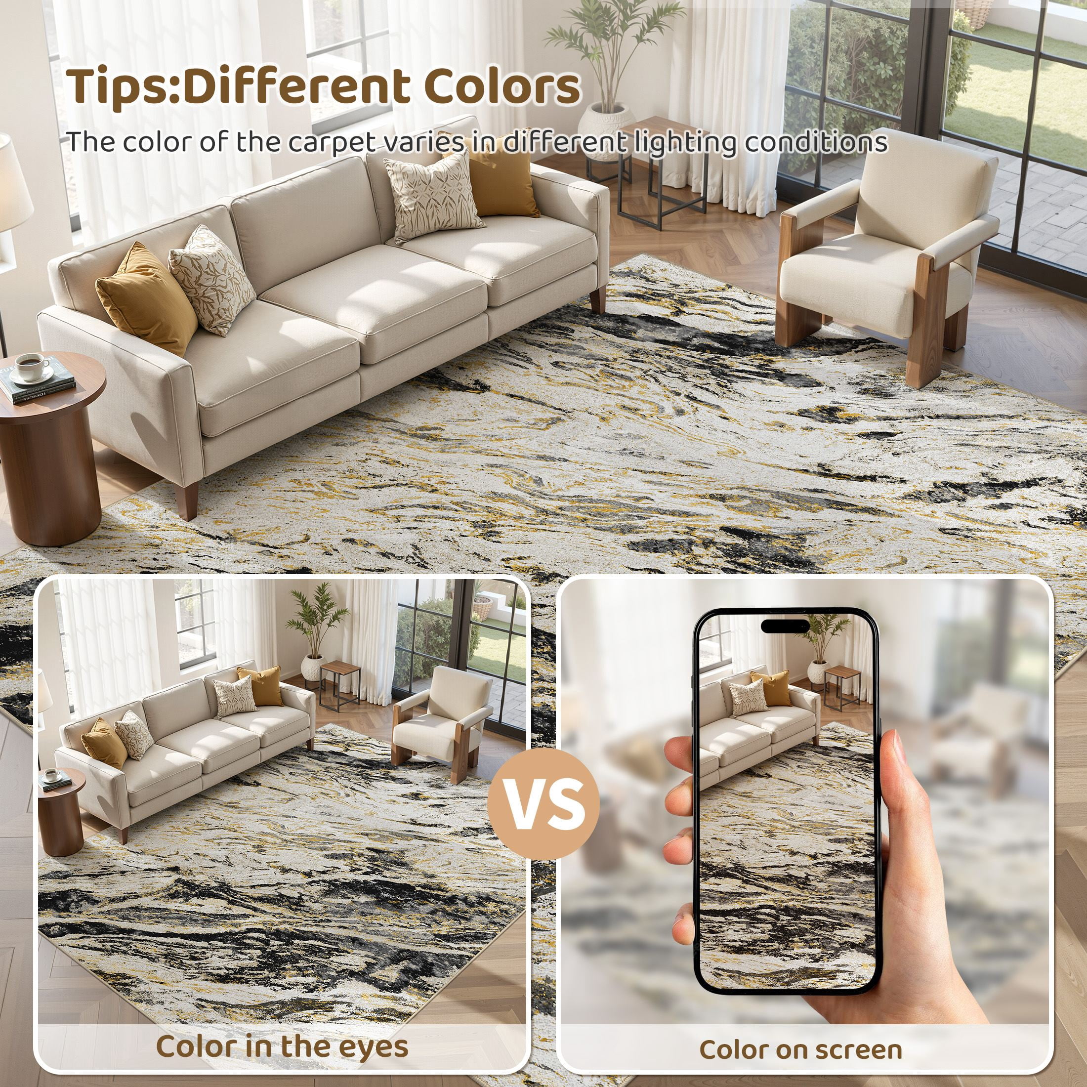 MICGEEK 6x9 Washable Area Rugs for Living Room, Modern Abstract Printed Rug, Vacuum-Friendly, Non Slip Indoor Rug for Bedroom Dining Room Home Decor Carpet, Black/Gold