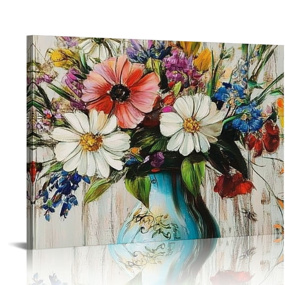 FCXZI Flowers Canvas Wall Art Colorful Florals Picture, Spring Botanical Bloosom Plants Abstract Textured Painting Artwork for Bathroom Bedroom Living Room Kitchen Office Home Decor 16x12in