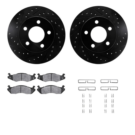 Dynamic Friction Company Front Brake Rotors-Drilled and Slotted-Black with Heavy Duty Brake Pads includes Hardware 8212-42078