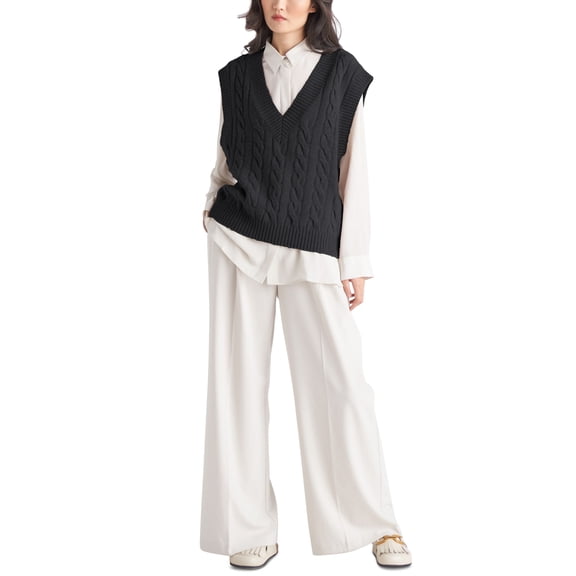 Black Tape Womens Sleeveless Cable Knit Sweater Vest Black S