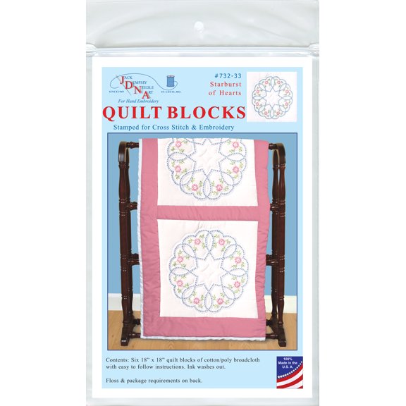 Jack Dempsey Starburst Of Hearts Stamped White Quilt Blocks, 18" x 18"