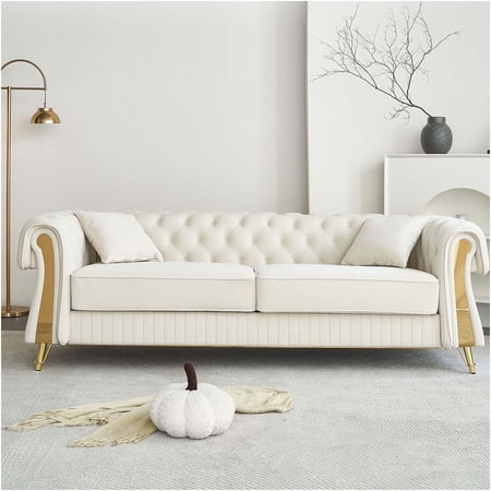JERFIT Modern Chesterfield Velvet Sofa with Pillows for Living Room Beige Tufted 3-Seater Couch