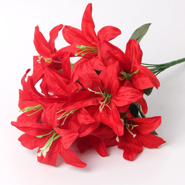 Lirio artificial 10 cabezas Lirio falso Flor artificial Decoración del banquete de boda Ramo Hogar Hotel Oficina Jardín Artesanía Decoración de arte Rojo brillar Juguete