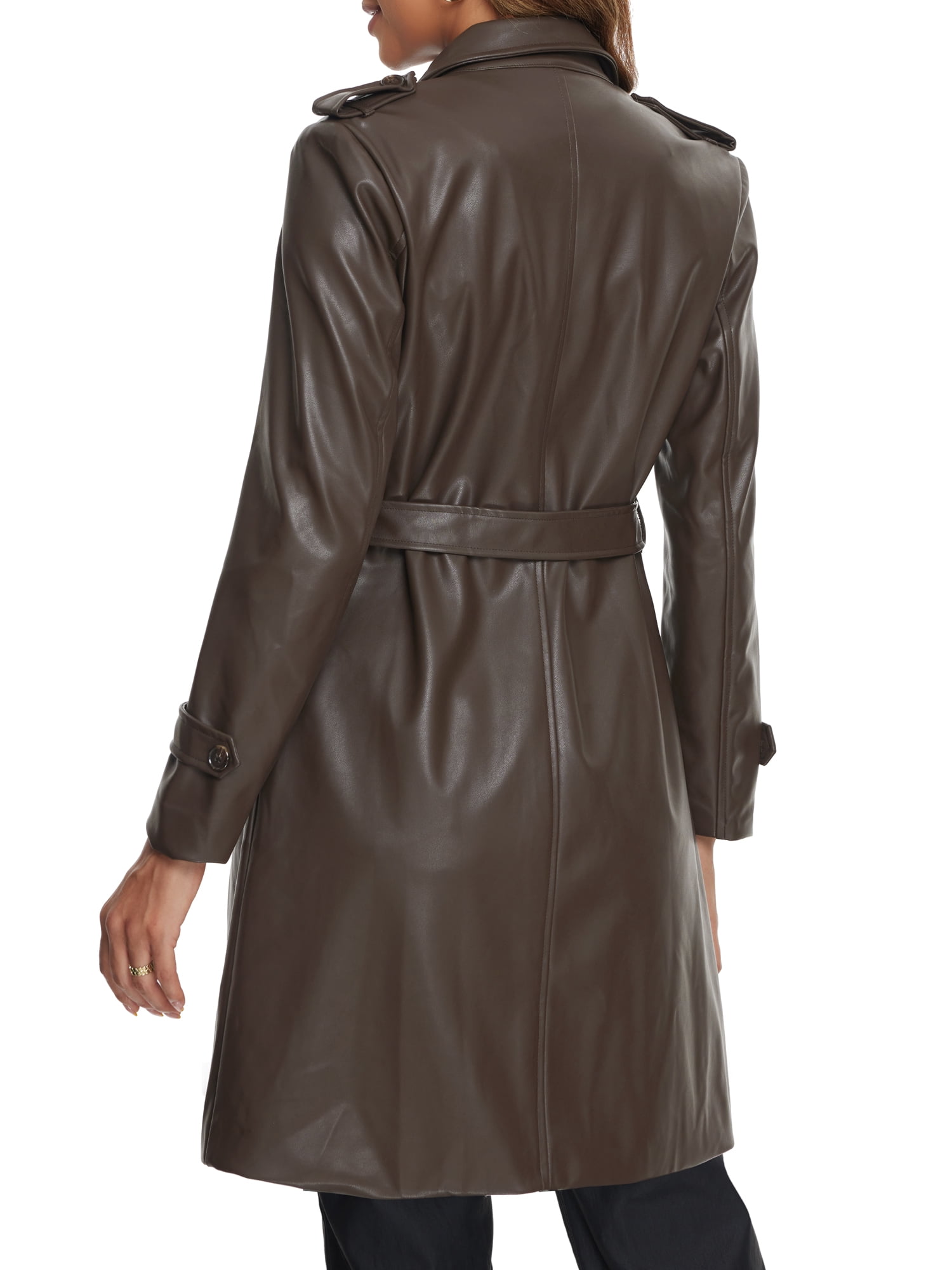 INSPIRE CHIC Faux Leather Long Jacket for Women's Lapel Slim Fit Long Sleeve Zip Coats