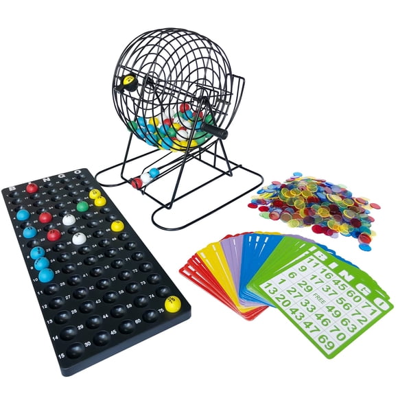 Yuanhe Ensemble de Jeu de Bingo Jumbo - Cage Métallique de 11 Pouces de Hauteur avec Panneau d'Appel, Balles de Bingo de 7/8 Pouces, 500 Jetons de Bingo, 100 Cartes de Bingo pour Jeux de Grand Groupe â¦