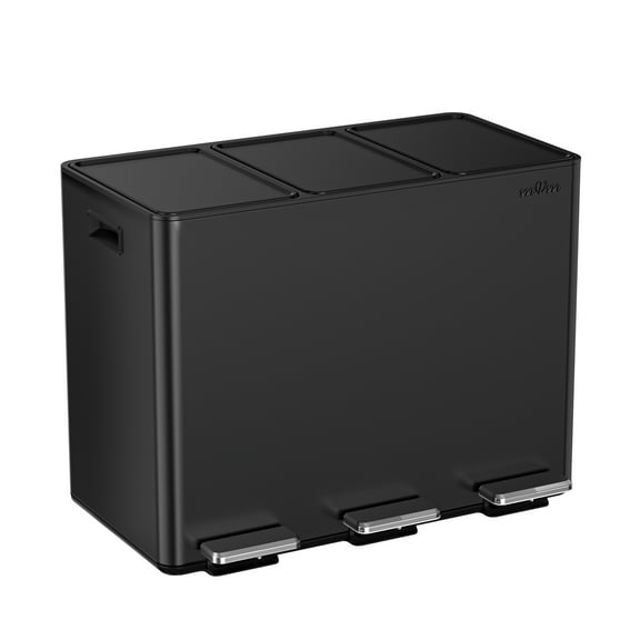 mVm 12 Gal 3 Compartment Trash Can, Triple Step Trash Can with Lid, Modern Kitchen Office Garbage Can（Black）