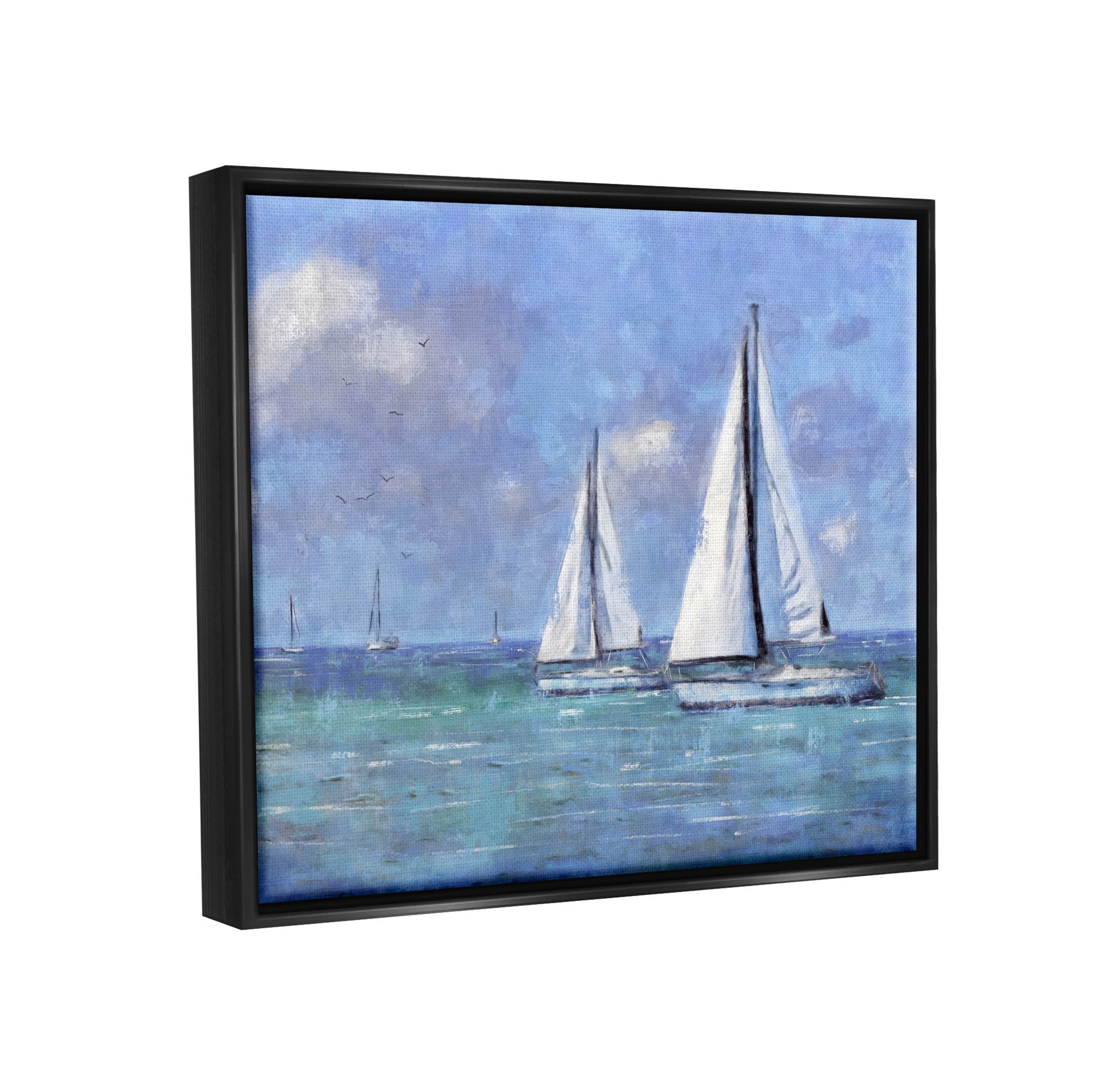 Stupell Industries Sailboats Drifting Vivid Blue Sky Painting Jet Black Floating Framed Canvas Print Wall Art, Design by Nina Blue