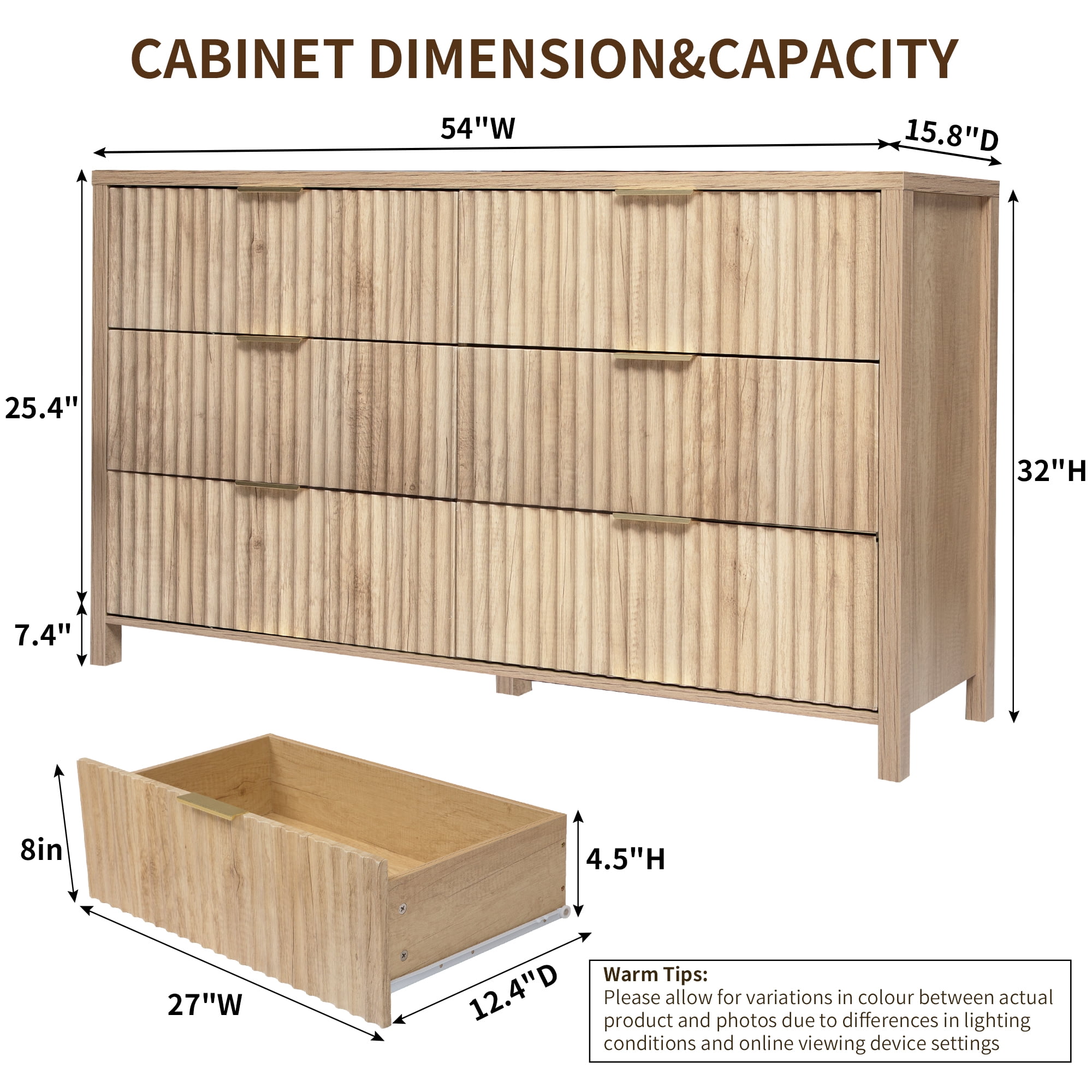 Haverchair 6 Drawer Dresser with Fluted Panel, Wide Chest of Drawers, Curved Wooden Dresser for Closet with Metal Wide Handle, Storage Dresser Organizer for Bedroom, Living Room, Hallway, Natural