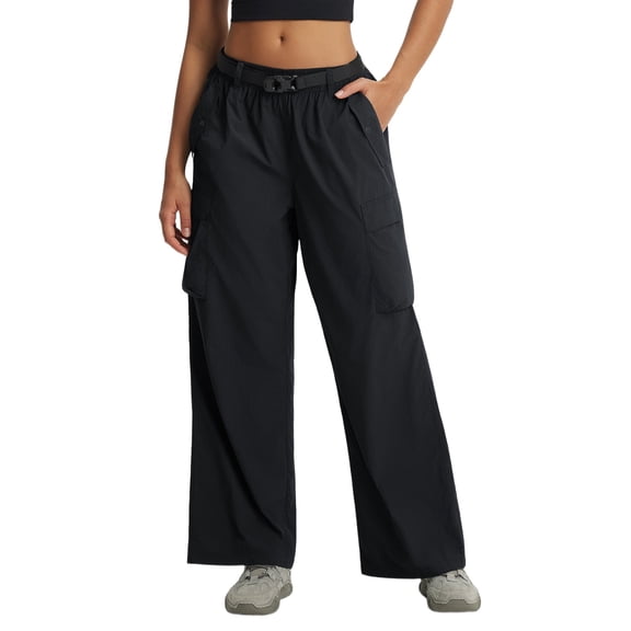 Baleaf Women's Lightweight Pants Quick Dry Wide Leg Hiking Water Resistant with 4 Pockets Travel Baggy Parachute Cargo Pant Black L